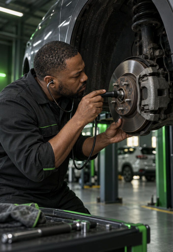 mechanic listening to noise of car wheel bearing